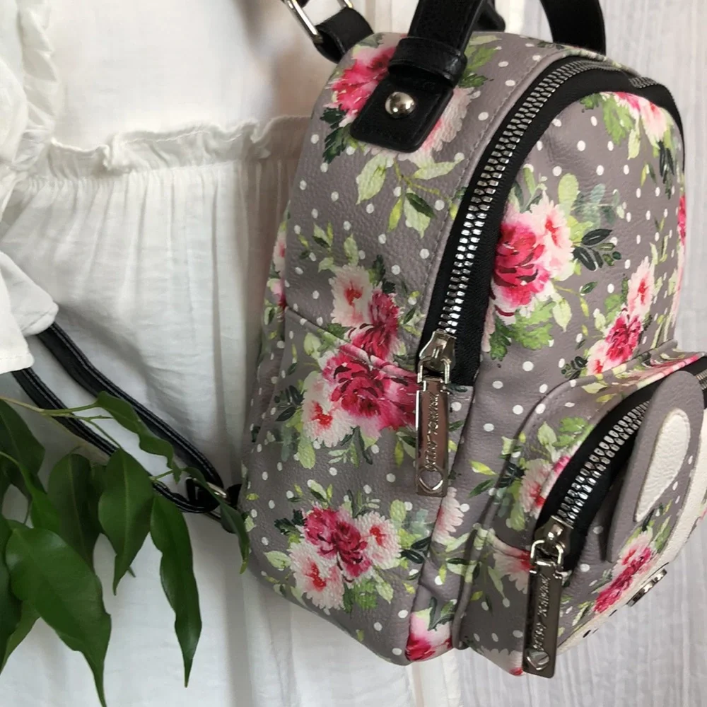 BETSEY JOHNSON French Bull dog roses pattern mini backpack w/shoulder straps